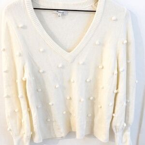 Madewell Ivory Pom Pom Knit V-Neck Sweater Size Small